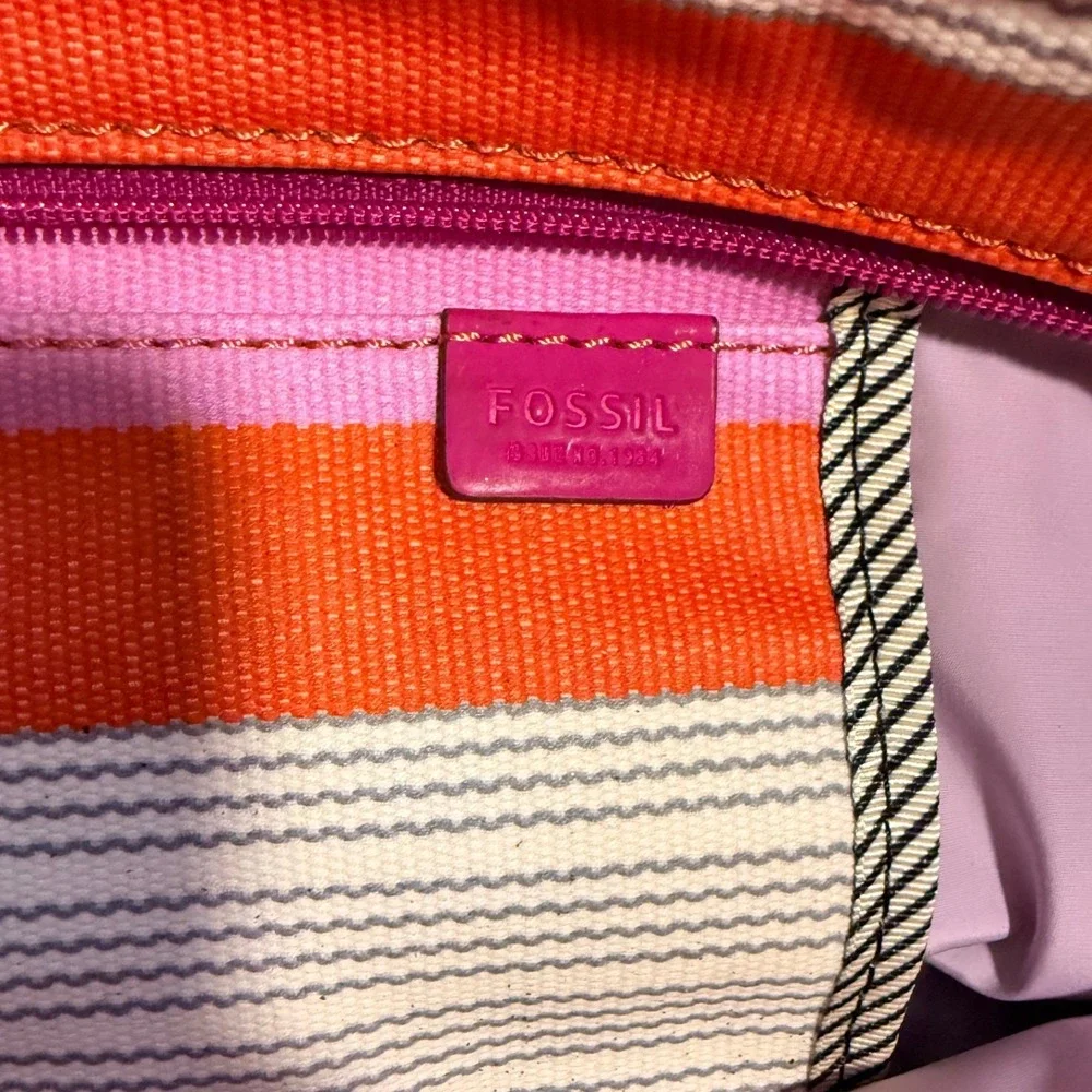 Fossil Key-Per Striped Canvas Tote Bag Orange Pink Shoulder Bag